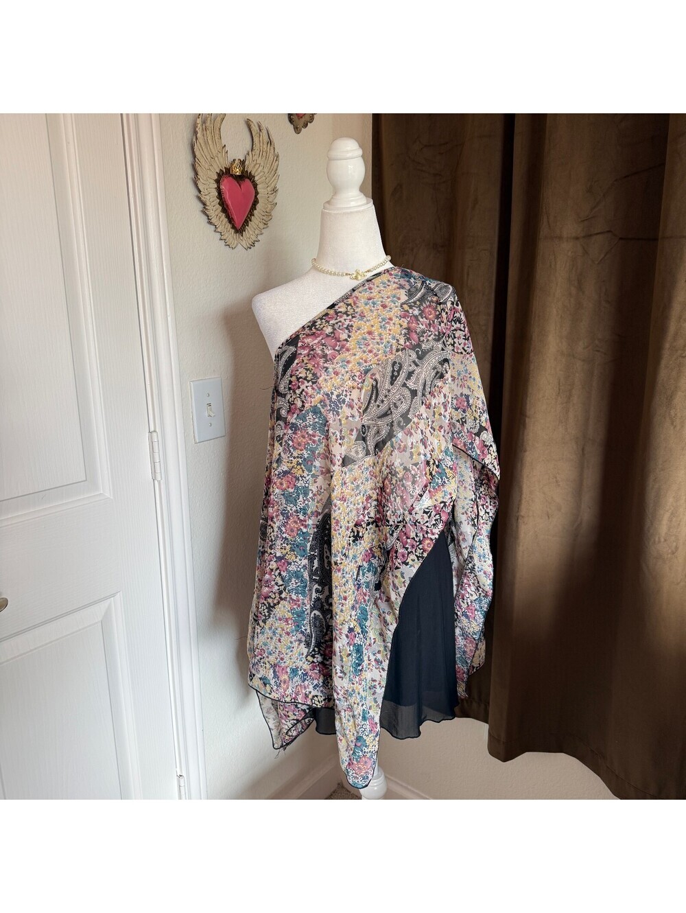 Lavish Bohemian Floral Paisley Print Sheer Blouse Top Layering Whimsical Poncho